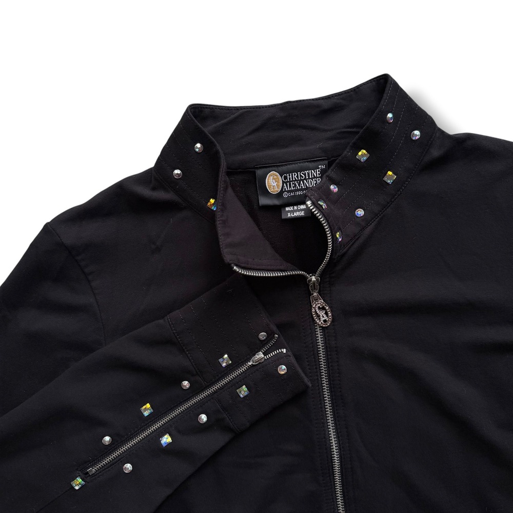 Christine Alexander Sz XL Black Rhinestone Embellished Zip Jacket Maximalism Y2K